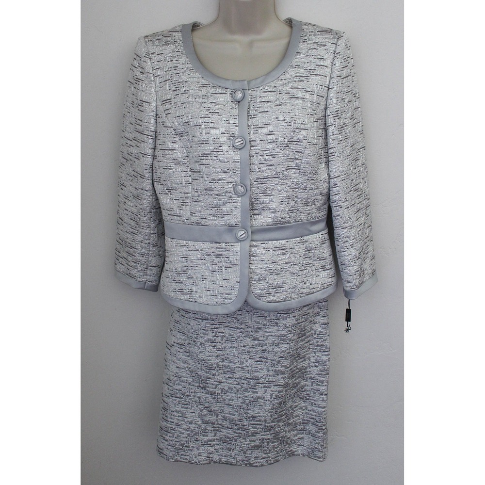 Tahari ASL Luxe Skirt Suit Size 8 Silver Metallic Tweed Blazer 2 Piece Formal